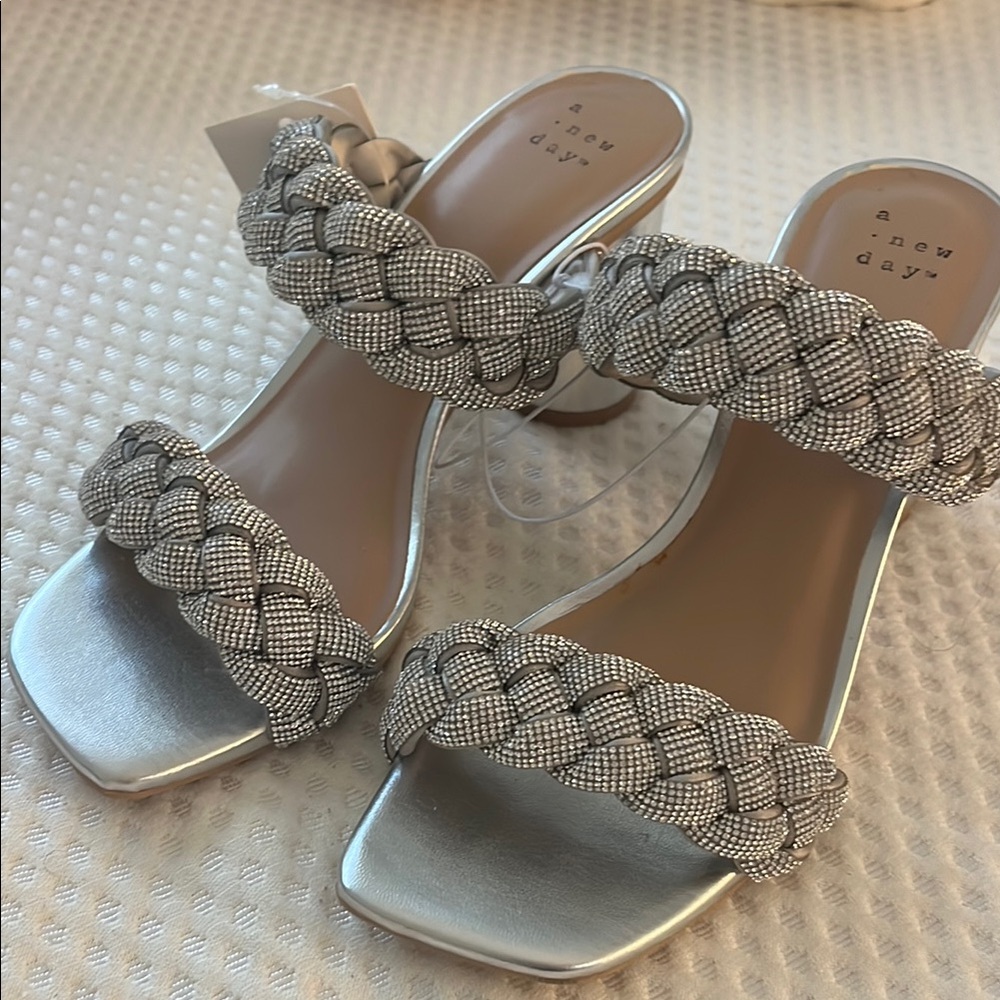 A New Day Silver Heeled Sandals with Rhinestone Braided Straps